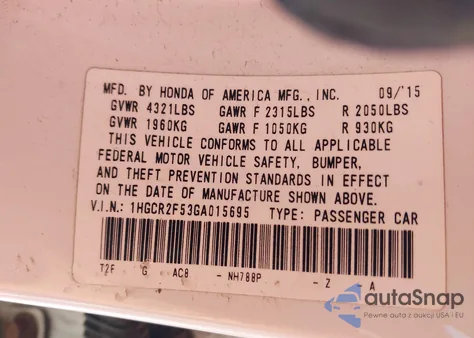 2016 Honda Accord Sport from USA, damaged, VIN 1HGCR2F53GA015695